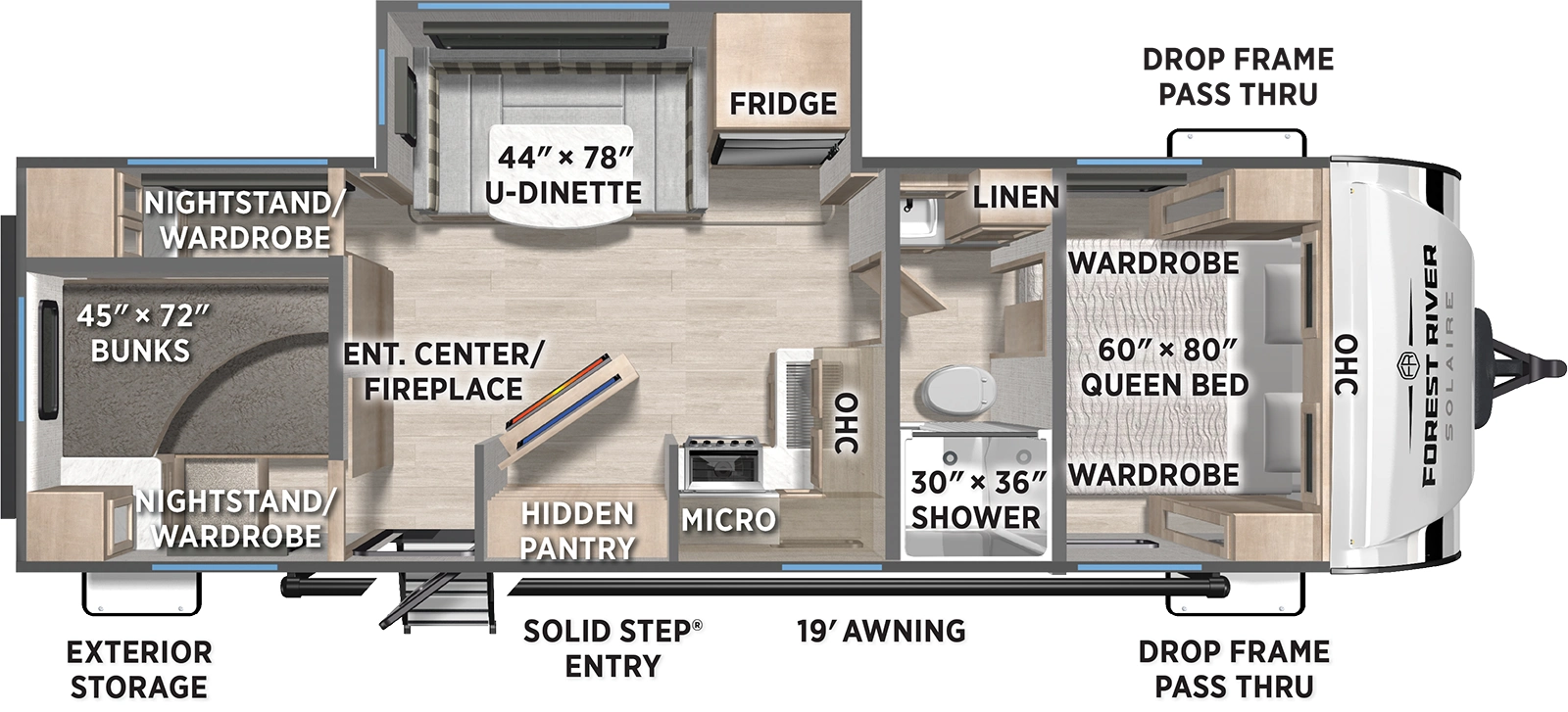 The SolAire Ultra Lite 2750BHS floorplan has one entry and one slide out. Exterior features include: fiberglass exterior and 19' awning. Interiors features include: bunk beds, u-dinette, front bedroom and pass through bathroom.